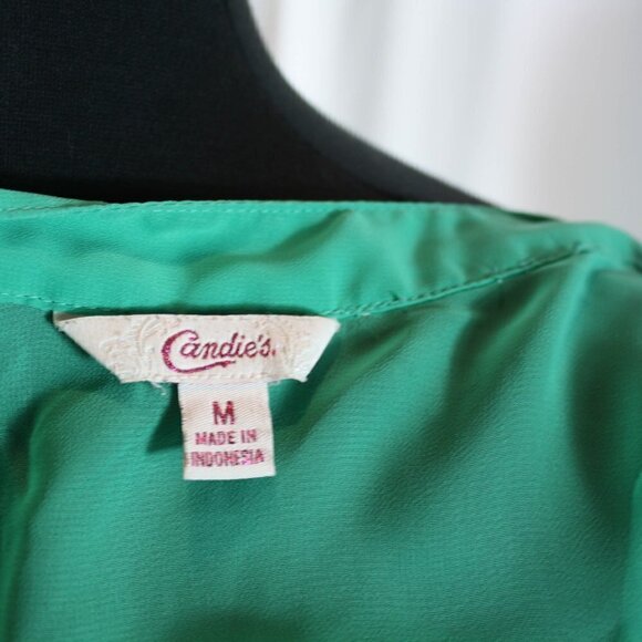Candie's Sheer Green Button Down Blouse Hi Low Button Tab Sleeves Size M - Picture 4 of 5